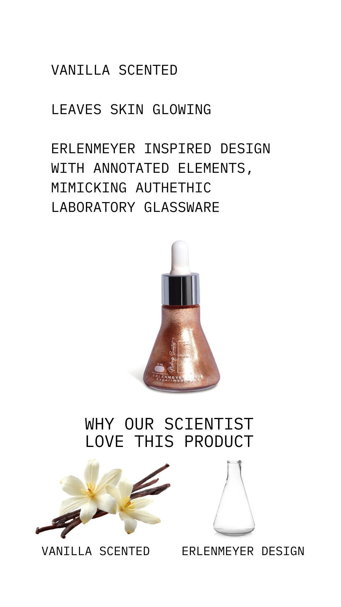 Vanilla-scented product with Erlenmeyer design, featuring text and images of vanilla beans and a beaker.