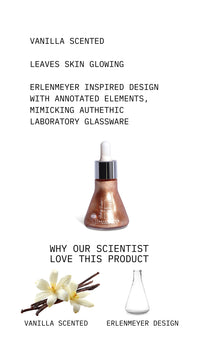 Vanilla-scented product with Erlenmeyer design, featuring text and images of vanilla beans and a beaker.