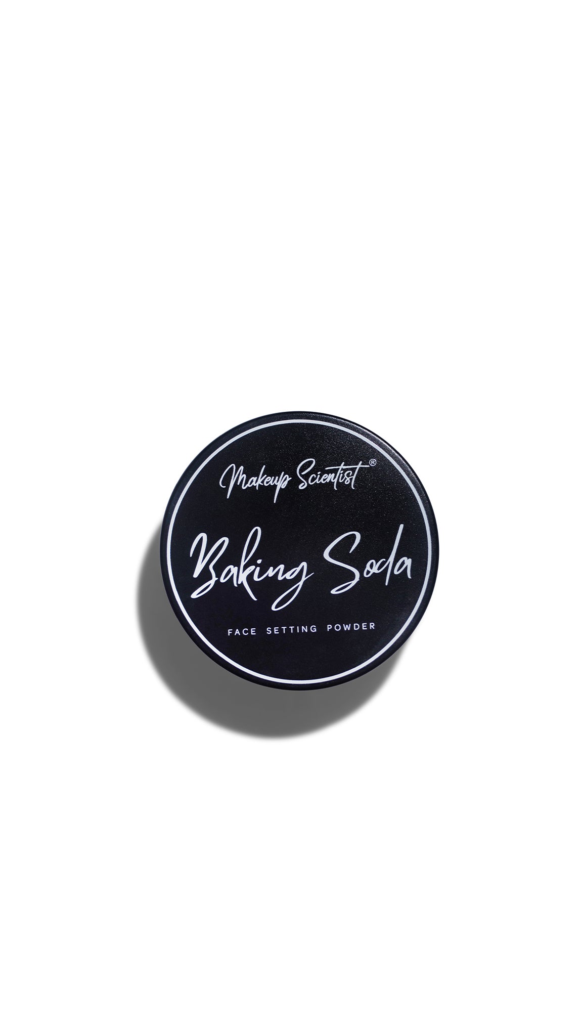 Baking soda face setting powder container on a white background