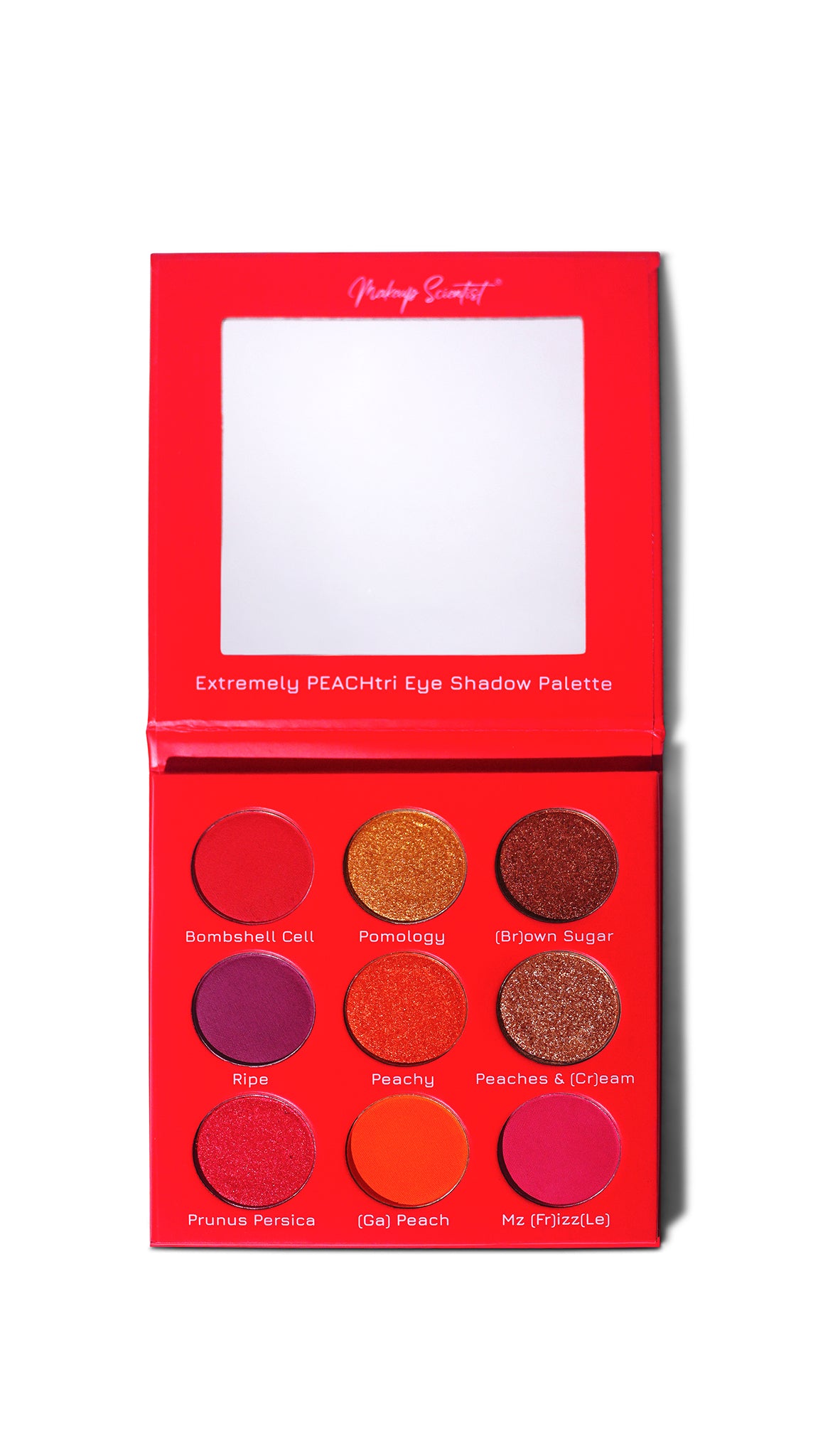 Makeup Scientst Extremely Peachy eye shadow palette with red packaging on a white background