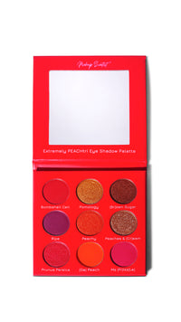 Makeup Scientst Extremely Peachy eye shadow palette with red packaging on a white background