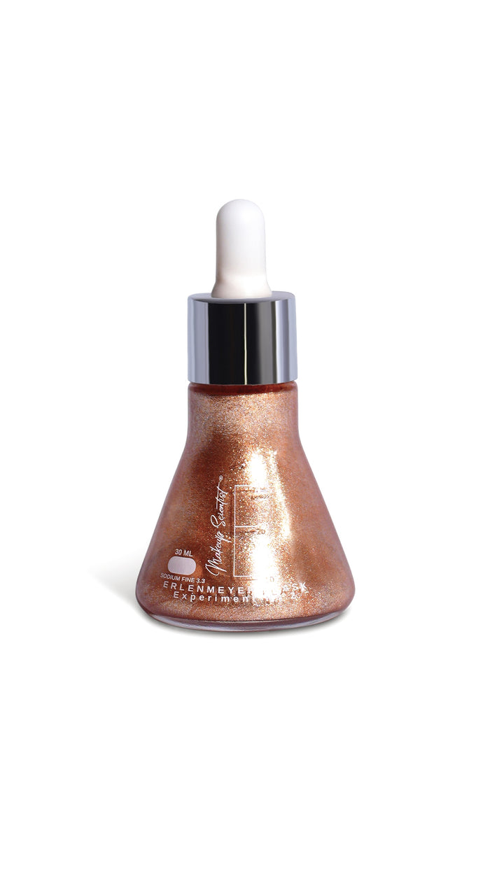 Bronze-colored dropper bottle with a white cap on a white background
