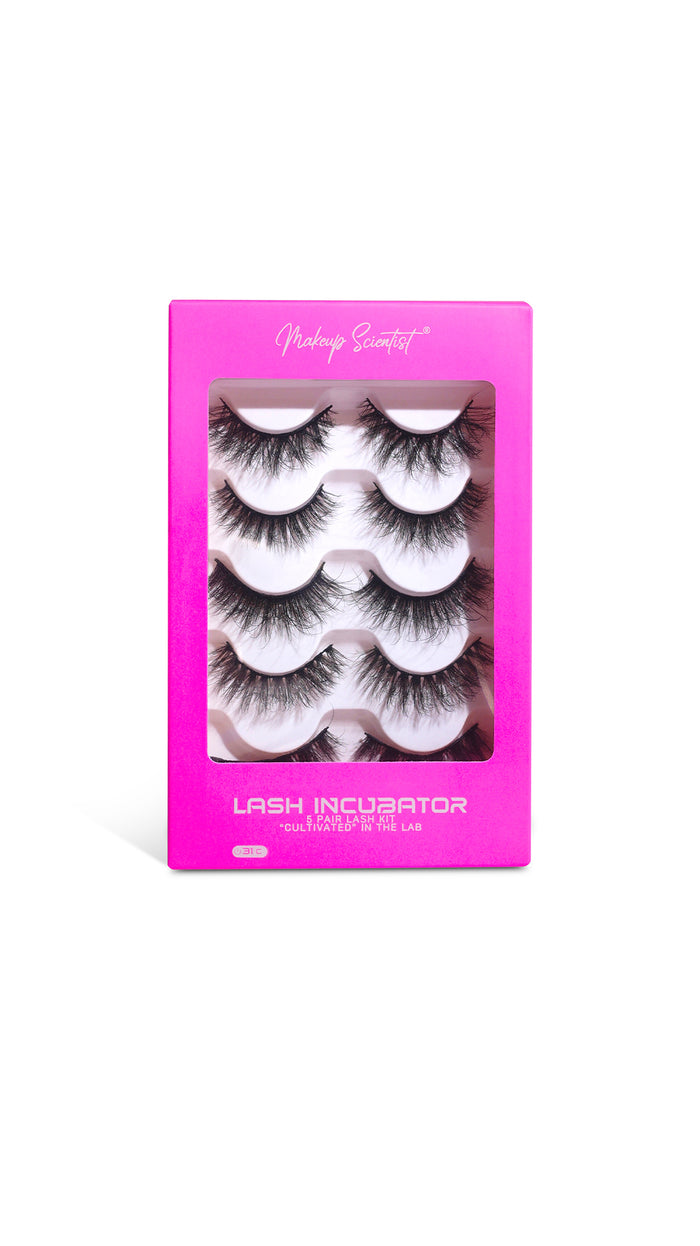 Pink packaging of false eyelashes with visible lashes on a white background